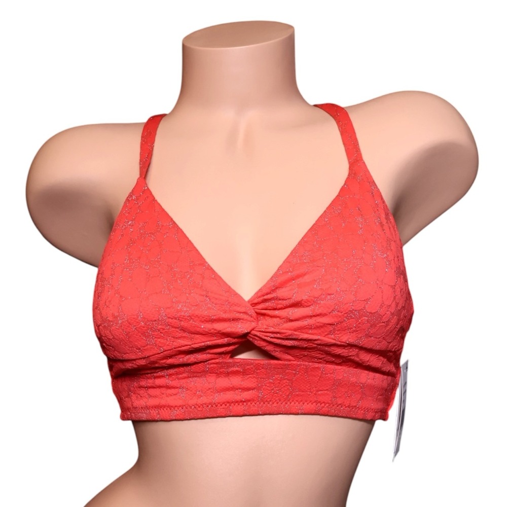 Jessica Simpson Metallic Bikini Top M Mandarin Coral Knot Front Strappy NWT